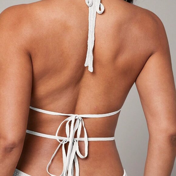 White Boho Crochet Deep V-Neck Hollow Slit Mid-Length Women's Cover Up Dress - Picture 5 of 8